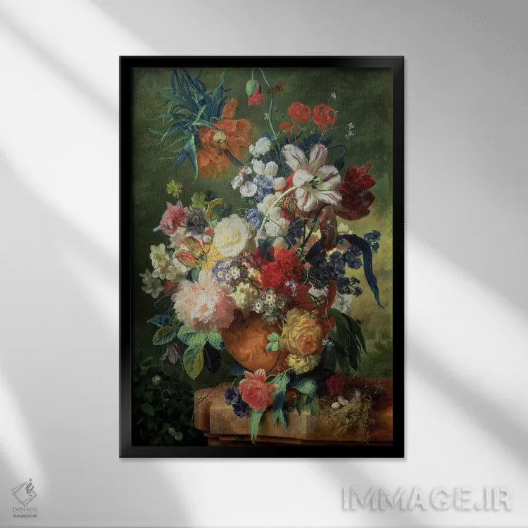 تابلو طبیعت بیجان از گلها و لانه پرنده روی پایه اثر یان فان هویسوم - نمای قابدار مشکی