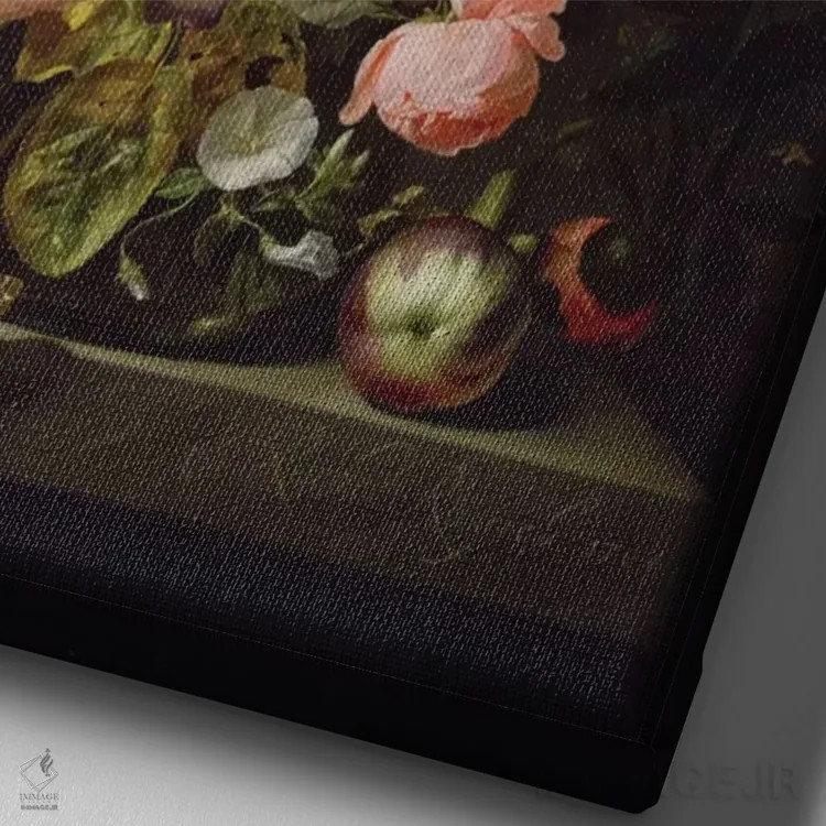 تابلو طبیعت بیجان گلهای رز، سوسن، لاله و دیگر گلها در گلدان شیشهای با زیبایی خالدار روی لبه سنگی اثر ریچل رویش - نمای نزدیک بافت بوم