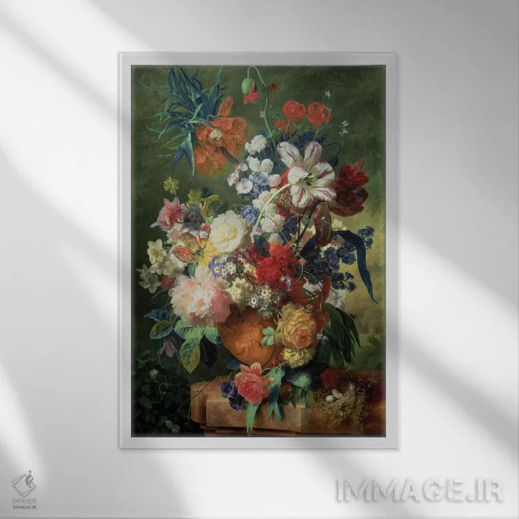 تابلو طبیعت بیجان از گلها و لانه پرنده روی پایه اثر یان فان هویسوم - نمای قابدار سفید