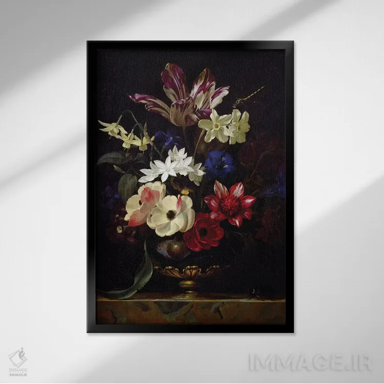 تابلو طبیعت بیجان با گلها اثر ویلم فان الست (نقاش هلندی دوره باروک) - نمای قابدار مشکی