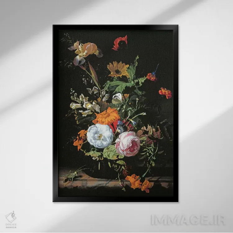 تابلو طبیعت بیجان گلهای تابستانی اثر ریچل رویش - نمای قابدار مشکی