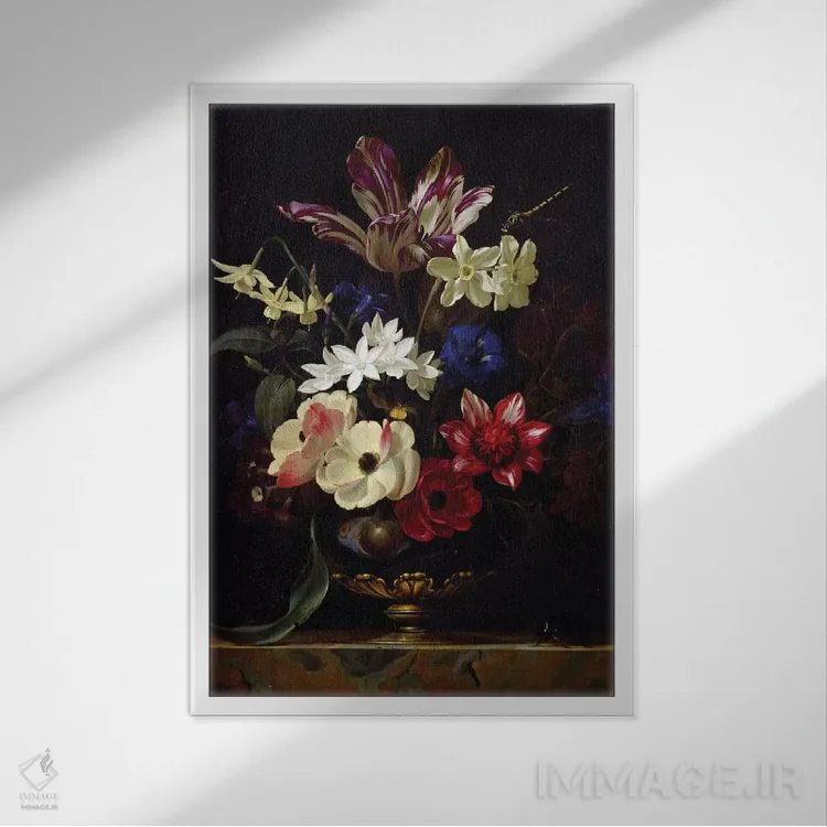 تابلو طبیعت بیجان با گلها اثر ویلم فان الست (نقاش هلندی دوره باروک) - نمای قابدار سفید