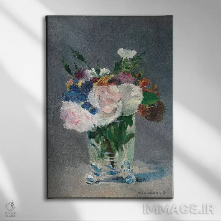 تابلو گلها در گلدان کریستالی، حدود ۱۸۸۲ اثر ادوارد مانه (نقاش معروف فرانسوی) - نمای روبهرو روی دیوار