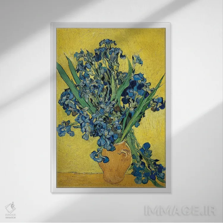 تابلو زنبقها، ۱۸۹۰ اثر ونسان ون گوگ (نقاش مشهور هلندی پستامپرسیونیسم) - نمای قابدار سفید