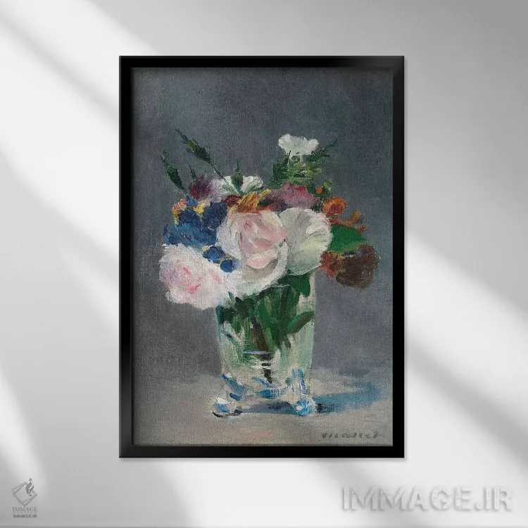 تابلو گلها در گلدان کریستالی، حدود ۱۸۸۲ اثر ادوارد مانه (نقاش معروف فرانسوی) - نمای قابدار مشکی