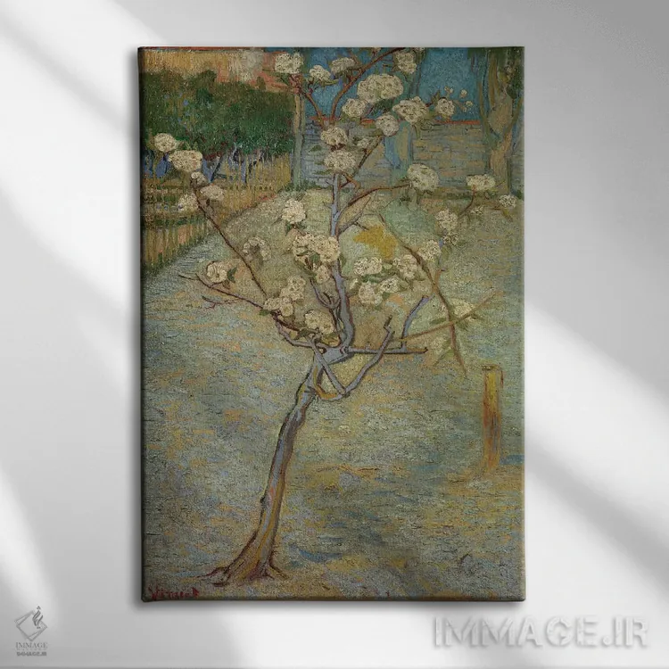 تابلو درختچه گلابی در شکوفه، ۱۸۸۸ اثر ونسان ون گوگ (نقاش مشهور هلندی پستامپرسیونیسم) - نمای روبهرو روی دیوار
