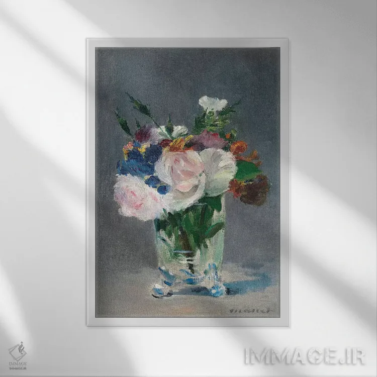 تابلو گلها در گلدان کریستالی، حدود ۱۸۸۲ اثر ادوارد مانه (نقاش معروف فرانسوی) - نمای قابدار سفید