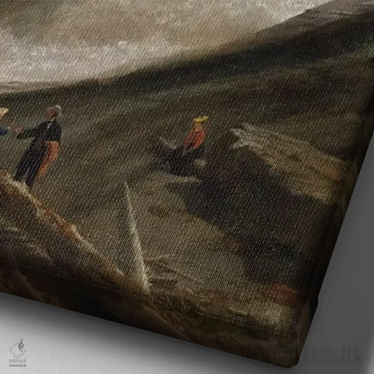 تابلو آبشار نوادا، یوسیمیتی، حدود ۱۸۷۲-۱۸۷۳ اثر آلبرت بیرشتات (نقاش منظره آمریکایی) - نمای نزدیک بافت بوم