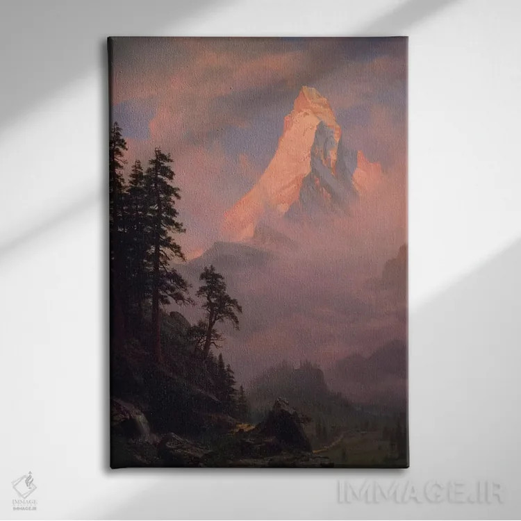تابلو طلوع خورشید بر قله ماترهورن، پس از ۱۸۷۵ اثر آلبرت بیرشتات (نقاش منظره آمریکایی) - نمای روبهرو روی دیوار