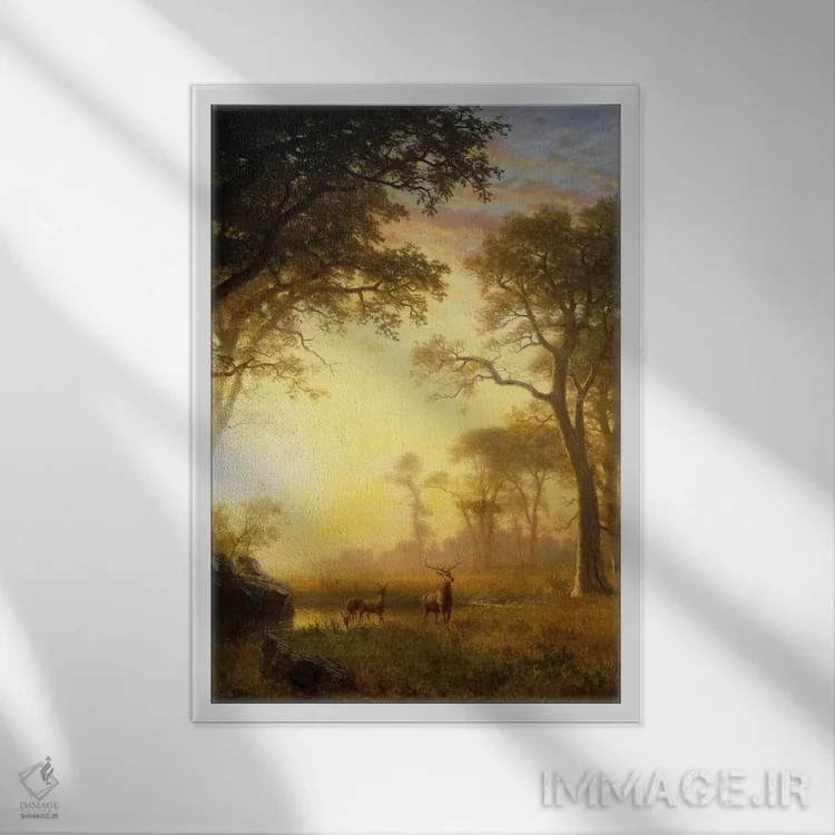 تابلو نور در جنگل اثر آلبرت بیرشتات (نقاش منظره آمریکایی) - نمای قابدار سفید