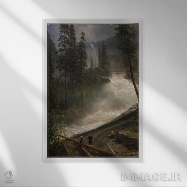 تابلو آبشار نوادا، یوسیمیتی، حدود ۱۸۷۲-۱۸۷۳ اثر آلبرت بیرشتات (نقاش منظره آمریکایی) - نمای قابدار سفید