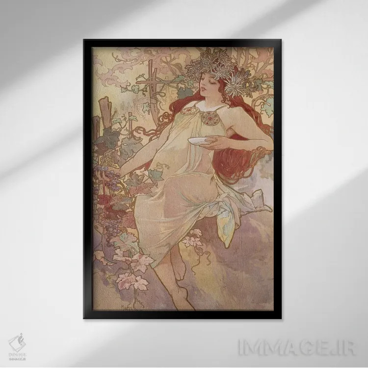 تابلو پاییز (حدود ۱۸۹۶) اثر آلفونس موخا (هنرمند آرت نووی چک) - نمای قابدار مشکی