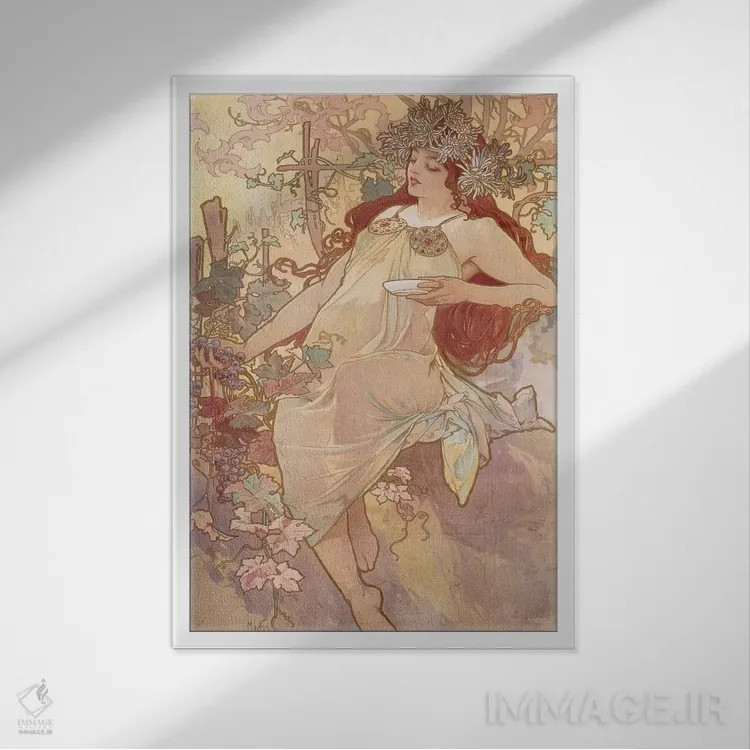 تابلو پاییز (حدود ۱۸۹۶) اثر آلفونس موخا (هنرمند آرت نووی چک) - نمای قابدار سفید