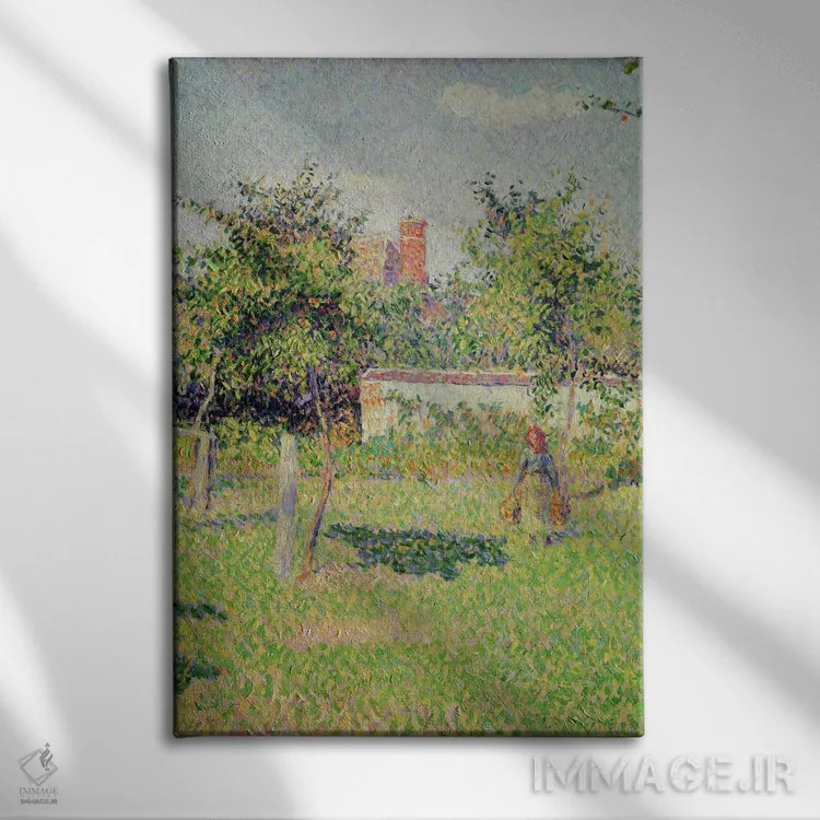 تابلو جزئیات مرکز، زن در چمنزار اراگنی، بهار، ۱۸۸۷ اثر کامی یِل پیسارو (نقاش فرانسوی امپرسیونیست) - نمای روبهرو روی دیوار