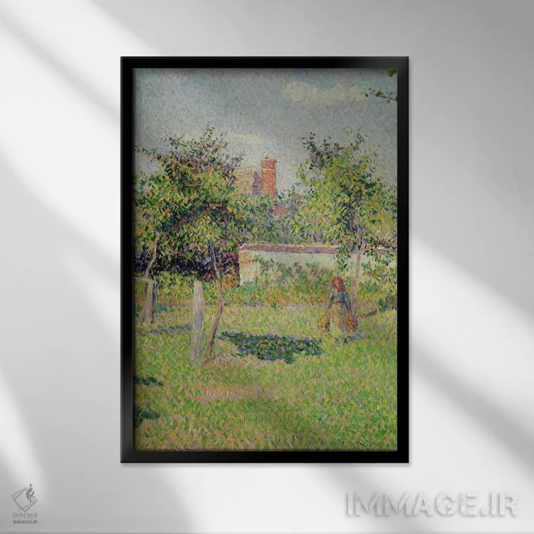 تابلو جزئیات مرکز، زن در چمنزار اراگنی، بهار، ۱۸۸۷ اثر کامی یِل پیسارو (نقاش فرانسوی امپرسیونیست) - نمای قابدار مشکی