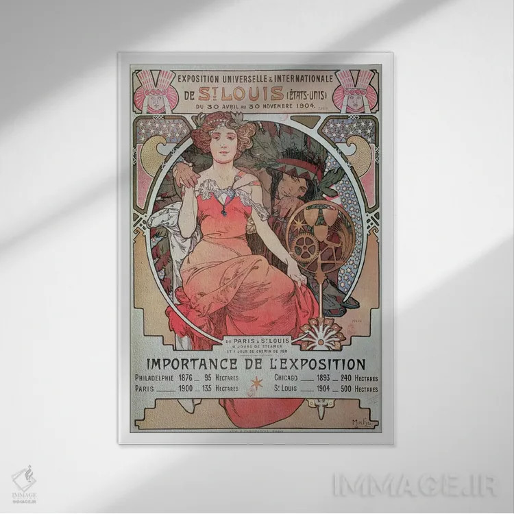 تابلو تبلیغ نمایشگاه جهانی ۱۹۰۴ (سنلوئیس، ایالات متحده) اثر آلفونس موخا (هنرمند آرت نووی چک) - نمای قابدار سفید