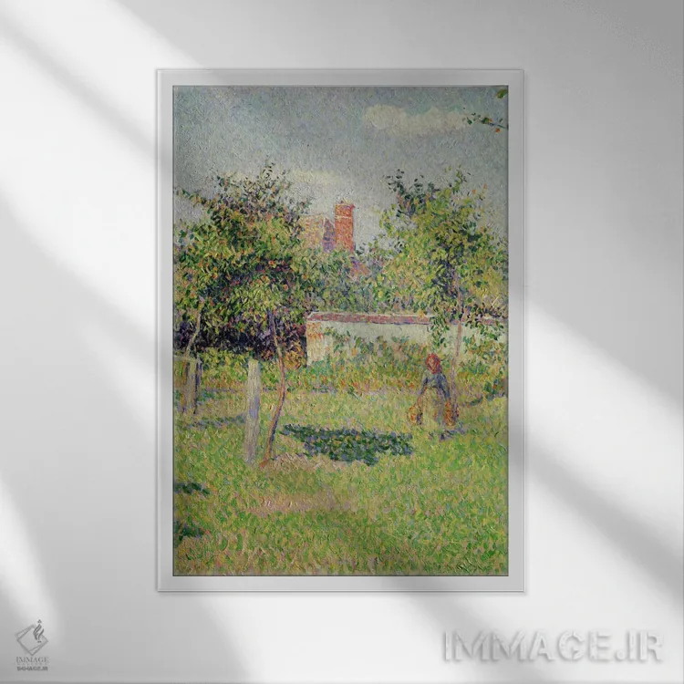 تابلو جزئیات مرکز، زن در چمنزار اراگنی، بهار، ۱۸۸۷ اثر کامی یِل پیسارو (نقاش فرانسوی امپرسیونیست) - نمای قابدار سفید