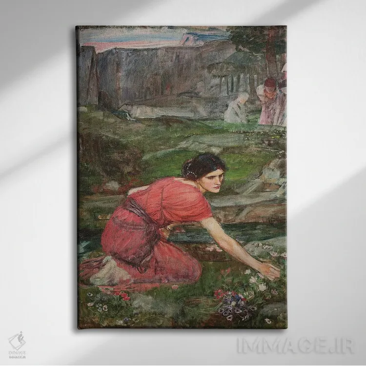 تابلو مطالعه برای دختران گلچین کنار جویبار (حدود ۱۹۰۹–۱۴) اثر جان ویلیام واترهاوس (نقاش انگلیسی سبک پره-رافائلیت) - نمای روبهرو روی دیوار