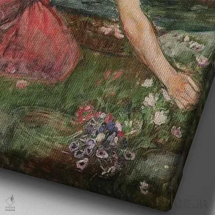 تابلو مطالعه برای دختران گلچین کنار جویبار (حدود ۱۹۰۹–۱۴) اثر جان ویلیام واترهاوس (نقاش انگلیسی سبک پره-رافائلیت) - نمای نزدیک بافت بوم