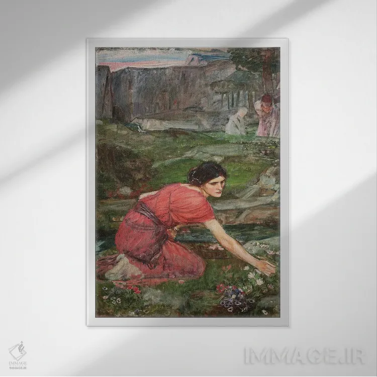 تابلو مطالعه برای دختران گلچین کنار جویبار (حدود ۱۹۰۹–۱۴) اثر جان ویلیام واترهاوس (نقاش انگلیسی سبک پره-رافائلیت) - نمای قابدار سفید