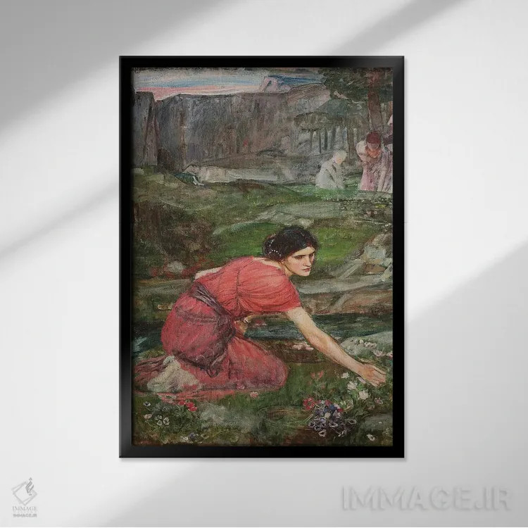 تابلو مطالعه برای دختران گلچین کنار جویبار (حدود ۱۹۰۹–۱۴) اثر جان ویلیام واترهاوس (نقاش انگلیسی سبک پره-رافائلیت) - نمای قابدار مشکی