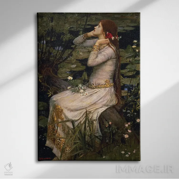 تابلو افیلیا، ۱۸۹۴ (شخصیت نمایشنامه) اثر جان ویلیام واترهاوس (نقاش انگلیسی سبک پره-رافائلیت) - نمای روبهرو روی دیوار