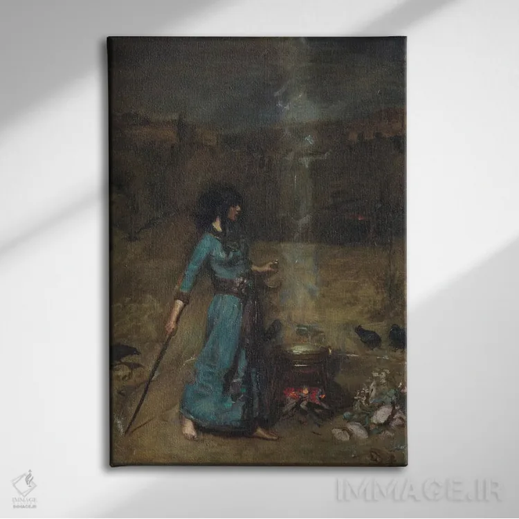 تابلو مطالعه برای دایره جادویی، ۱۸۸۶ اثر جان ویلیام واترهاوس (نقاش انگلیسی سبک پره-رافائلیت) - نمای روبهرو روی دیوار