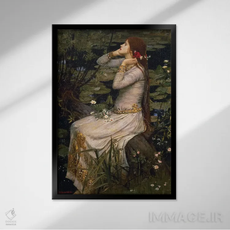 تابلو افیلیا، ۱۸۹۴ (شخصیت نمایشنامه) اثر جان ویلیام واترهاوس (نقاش انگلیسی سبک پره-رافائلیت) - نمای قابدار مشکی