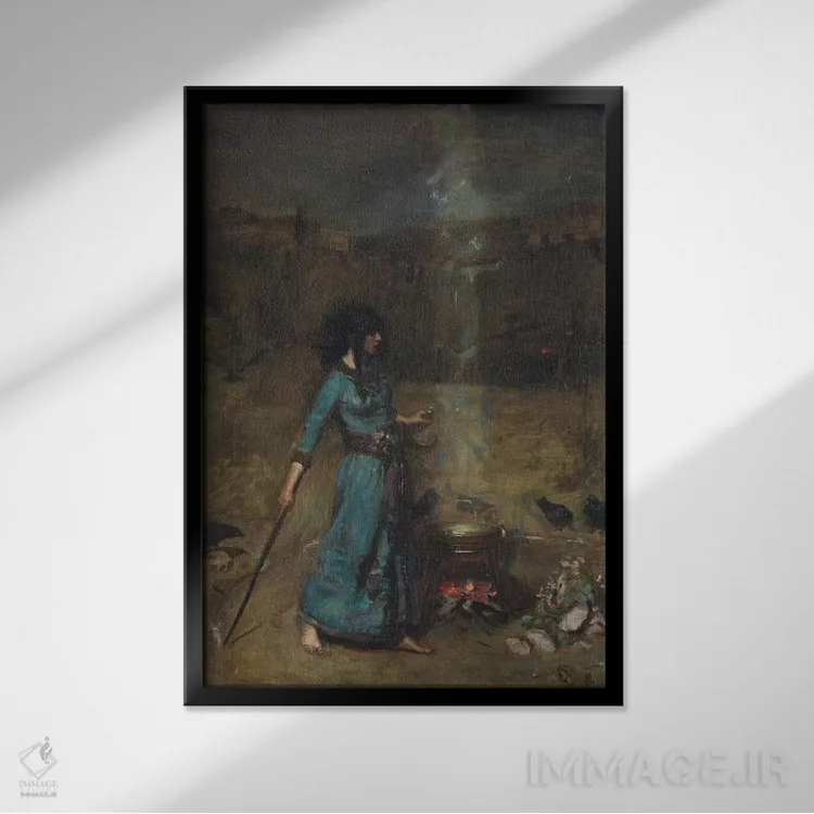 تابلو مطالعه برای دایره جادویی، ۱۸۸۶ اثر جان ویلیام واترهاوس (نقاش انگلیسی سبک پره-رافائلیت) - نمای قابدار مشکی