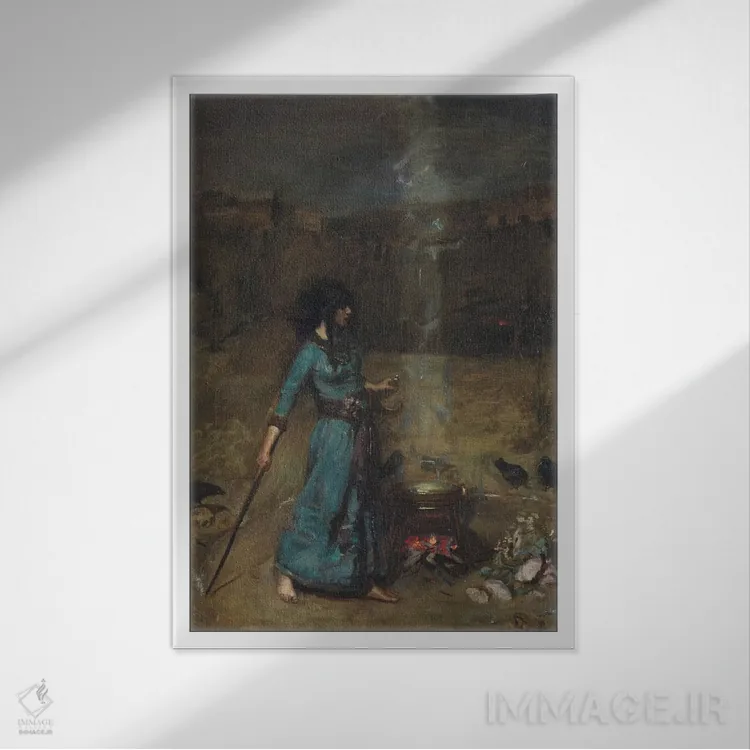 تابلو مطالعه برای دایره جادویی، ۱۸۸۶ اثر جان ویلیام واترهاوس (نقاش انگلیسی سبک پره-رافائلیت) - نمای قابدار سفید