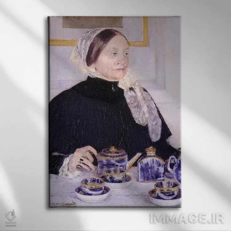 تابلو بانویی در میز چای، ۱۸۸۳–۸۵ اثر مری استیونسون کاسات (نقاش آمریکایی) - نمای روبهرو روی دیوار