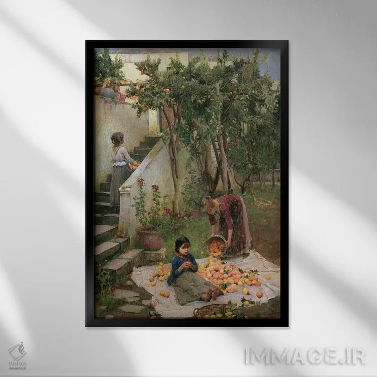 تابلو پرتقالچینها اثر جان ویلیام واترهاوس (نقاش انگلیسی سبک پره-رافائلیت) - نمای قابدار مشکی