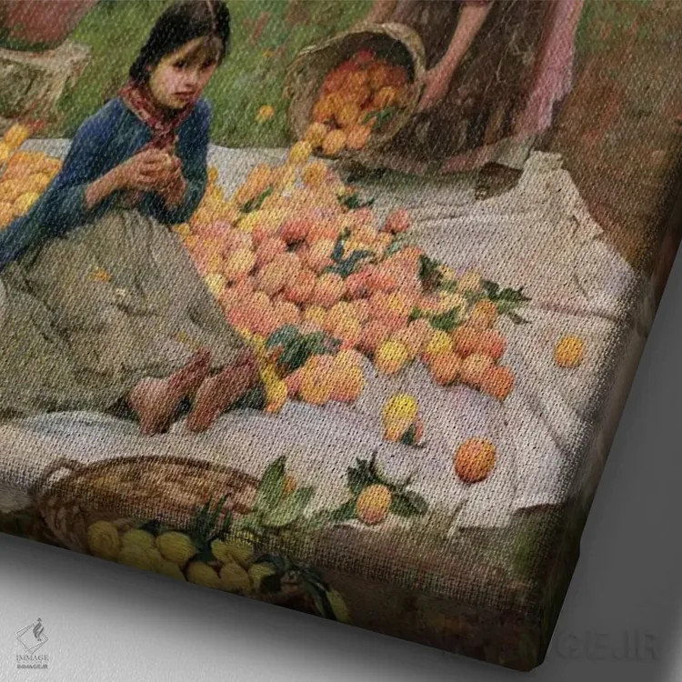 تابلو پرتقالچینها اثر جان ویلیام واترهاوس (نقاش انگلیسی سبک پره-رافائلیت) - نمای نزدیک بافت بوم