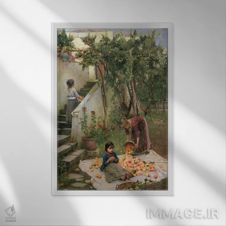تابلو پرتقالچینها اثر جان ویلیام واترهاوس (نقاش انگلیسی سبک پره-رافائلیت) - نمای قابدار سفید