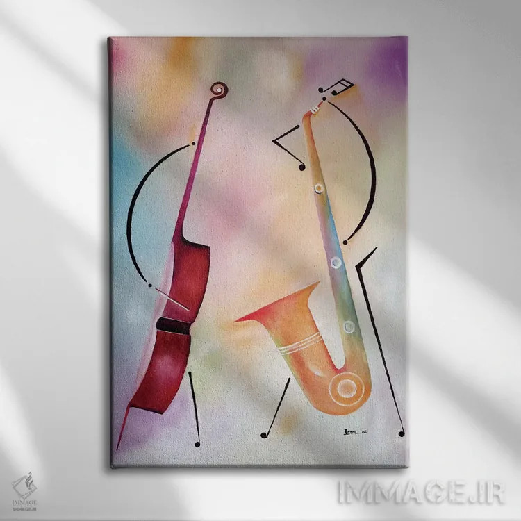 تابلو بیس و ساکس (آلات موسیقی) اثر آیکال بکفورد - نمای روبهرو روی دیوار