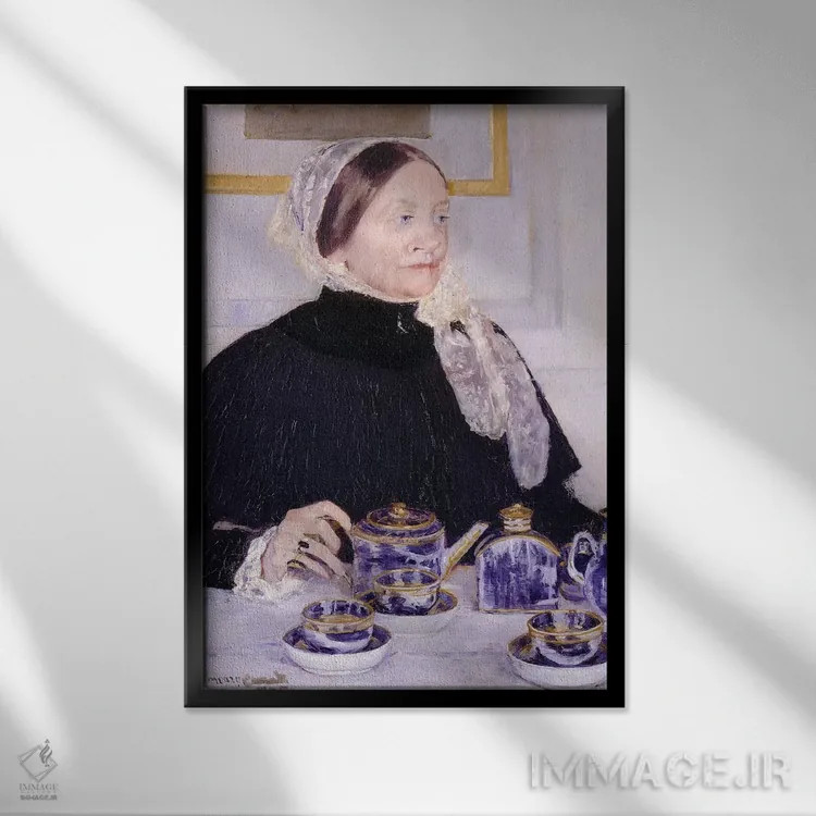 تابلو بانویی در میز چای، ۱۸۸۳–۸۵ اثر مری استیونسون کاسات (نقاش آمریکایی) - نمای قابدار مشکی