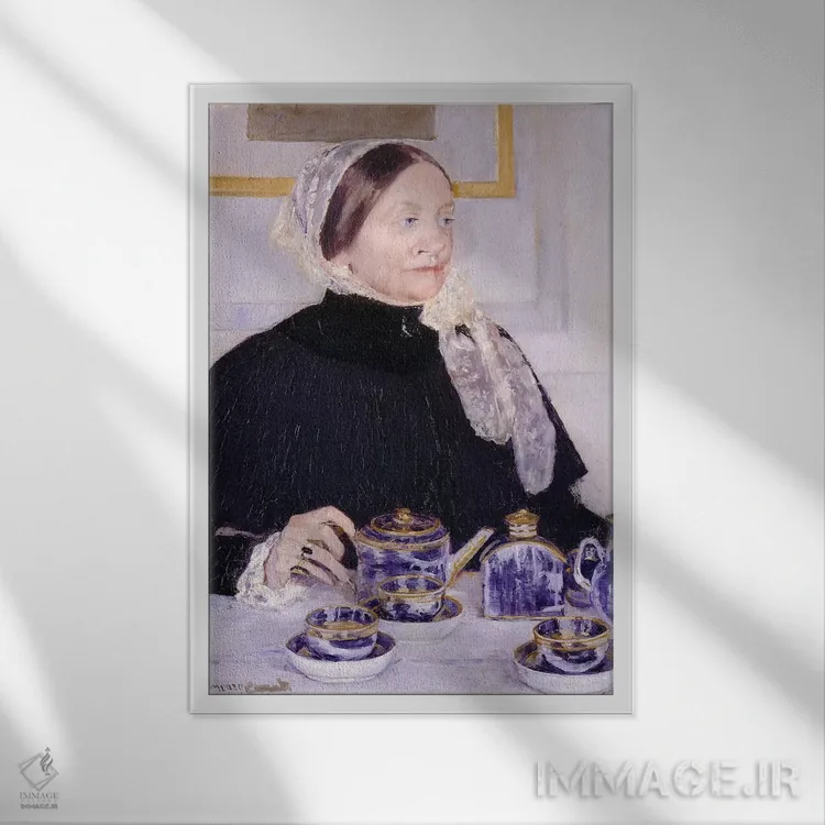 تابلو بانویی در میز چای، ۱۸۸۳–۸۵ اثر مری استیونسون کاسات (نقاش آمریکایی) - نمای قابدار سفید
