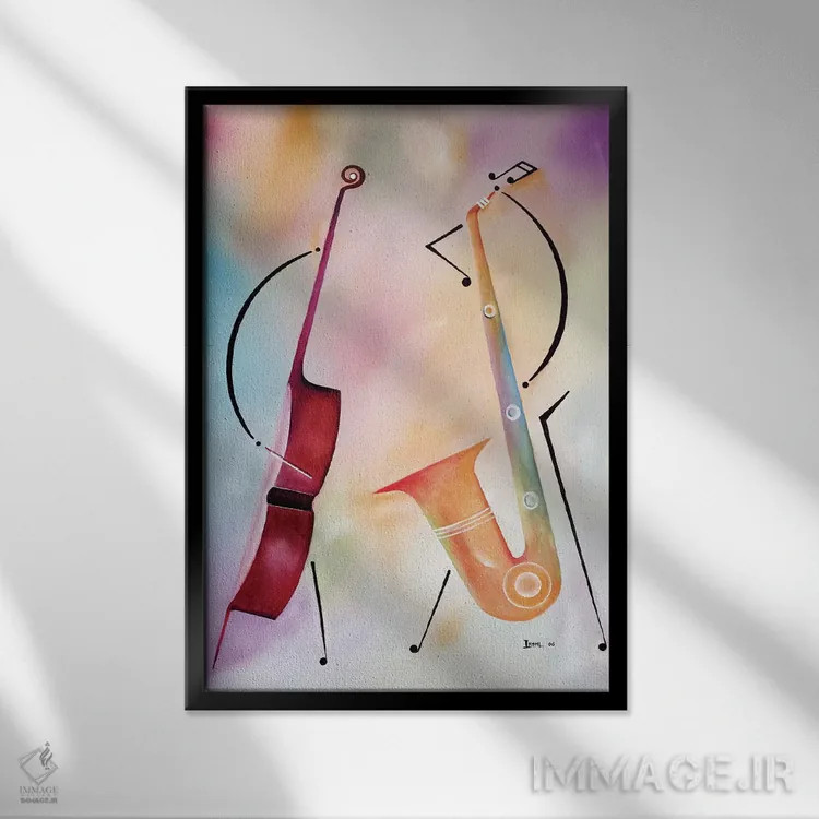 تابلو بیس و ساکس (آلات موسیقی) اثر آیکال بکفورد - نمای قابدار مشکی