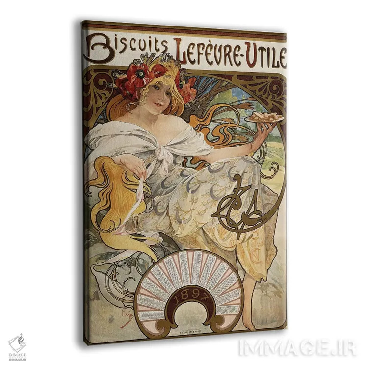 تابلو 1897,تبلیغات تقویم بیسکویت شرکت Lefevre-Utile، ۱۸۹۷ اثر آلفونس موخا (هنرمند آرت نووی چک) - نمای پرسپکتیو محصول