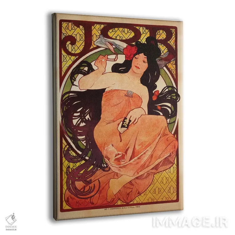 تابلو 1898,تبلیغ کاغذ سیگار JOB، ۱۸۹۸ اثر آلفونس موخا (هنرمند آرت نووی چک) - نمای پرسپکتیو محصول