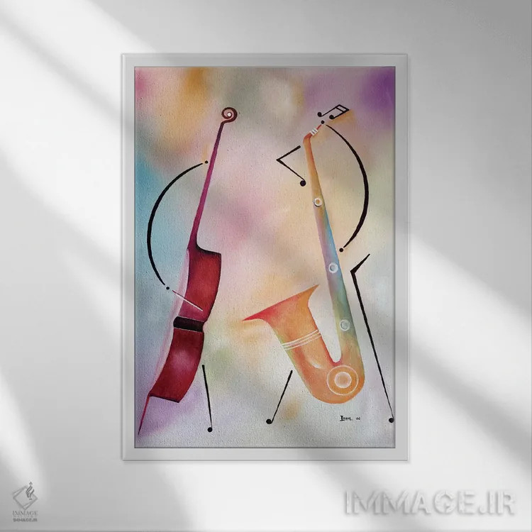 تابلو بیس و ساکس (آلات موسیقی) اثر آیکال بکفورد - نمای قابدار سفید