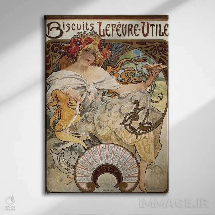 تابلو 1897,تبلیغات تقویم بیسکویت شرکت Lefevre-Utile، ۱۸۹۷ اثر آلفونس موخا (هنرمند آرت نووی چک) - نمای روبهرو روی دیوار