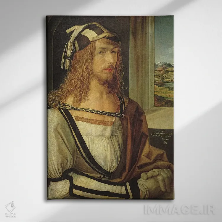 تابلو 1498,خودنگاره با دستکش، ۱۴۹۸ اثر آلبریشت دورر (نقاش آلمانی) - نمای روبهرو روی دیوار