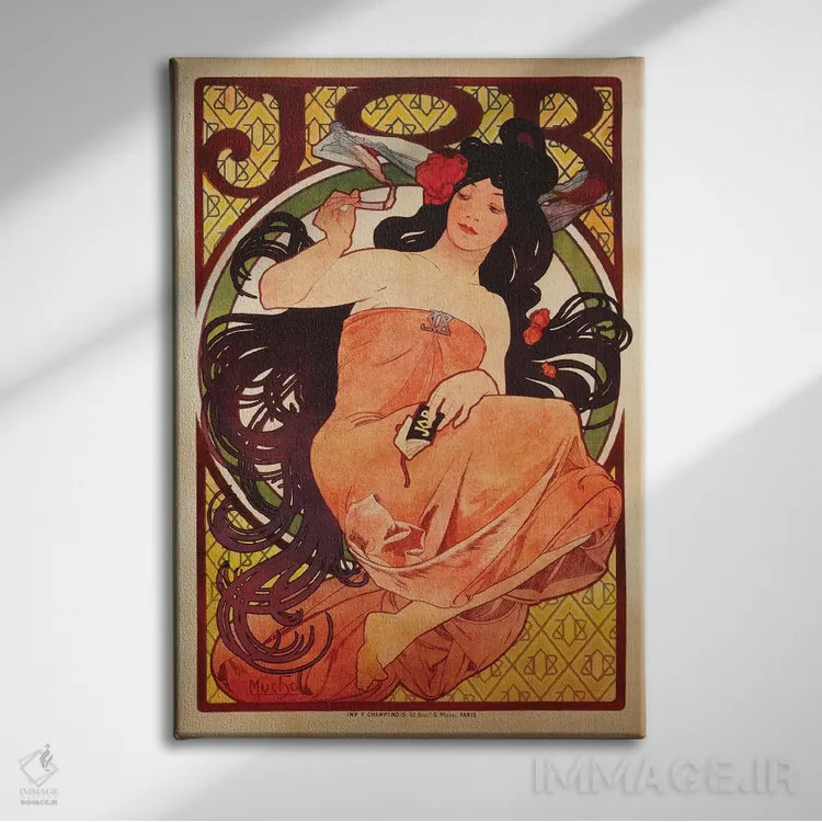 تابلو 1898,تبلیغ کاغذ سیگار JOB، ۱۸۹۸ اثر آلفونس موخا (هنرمند آرت نووی چک) - نمای روبهرو روی دیوار