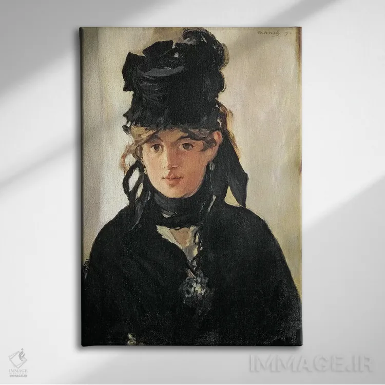 تابلو 1872,برت موریسو با دستهای بنفشه، ۱۸۷۲ اثر ادوارد مانه (نقاش معروف فرانسوی) - نمای روبهرو روی دیوار