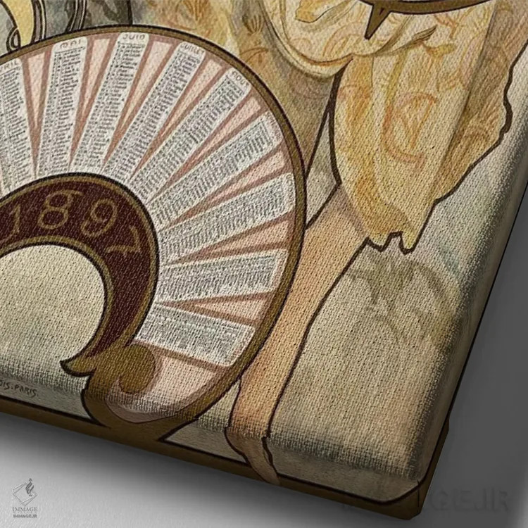 تابلو 1897,تبلیغات تقویم بیسکویت شرکت Lefevre-Utile، ۱۸۹۷ اثر آلفونس موخا (هنرمند آرت نووی چک) - نمای نزدیک بافت بوم