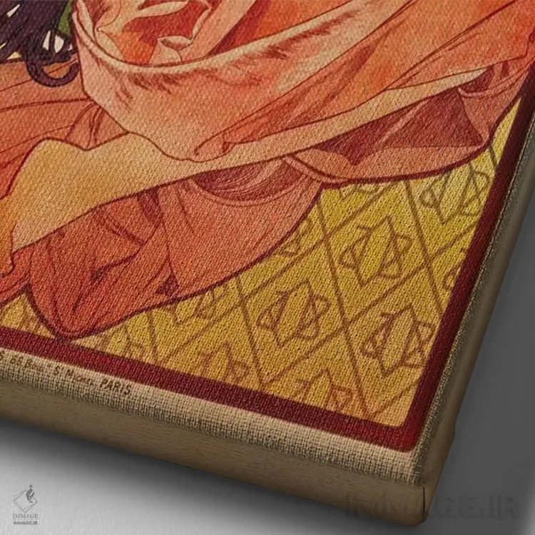 تابلو 1898,تبلیغ کاغذ سیگار JOB، ۱۸۹۸ اثر آلفونس موخا (هنرمند آرت نووی چک) - نمای نزدیک بافت بوم