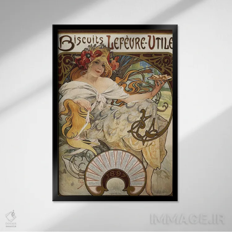تابلو 1897,تبلیغات تقویم بیسکویت شرکت Lefevre-Utile، ۱۸۹۷ اثر آلفونس موخا (هنرمند آرت نووی چک) - نمای قابدار مشکی