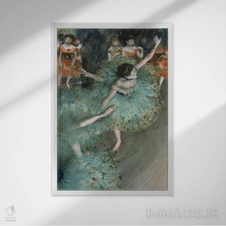 تابلو 1877-79,رقاص در حرکت (رقاص با لباس سبز)، ۱۸۷۷-۷۹ اثر ادگار دگا (نقاش و مجسمهساز فرانسوی) - نمای قابدار سفید