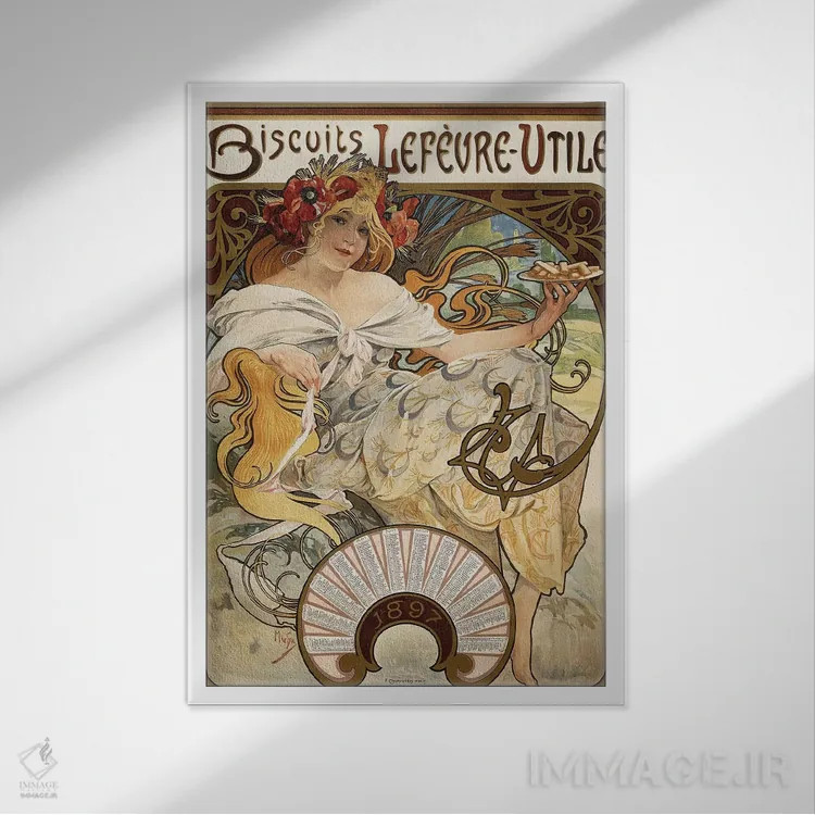 تابلو 1897,تبلیغات تقویم بیسکویت شرکت Lefevre-Utile، ۱۸۹۷ اثر آلفونس موخا (هنرمند آرت نووی چک) - نمای قابدار سفید